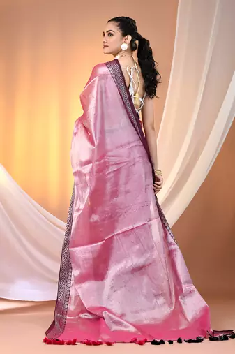 Pink shimmer tissue saree with nakshi borders