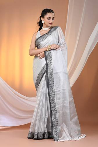 Silver shimmer tissue saree with nakshi borders