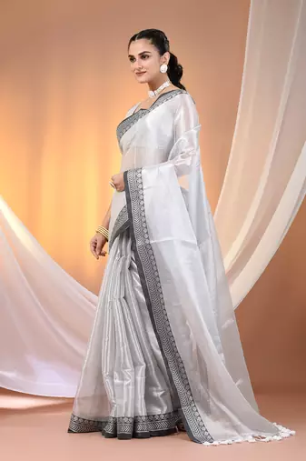 Silver shimmer tissue saree with nakshi borders