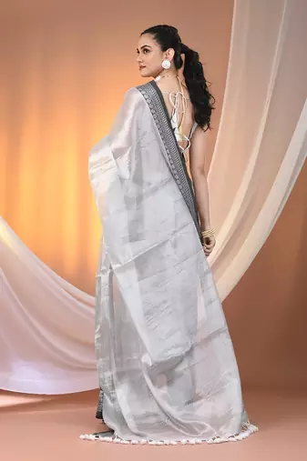 Silver shimmer tissue saree with nakshi borders