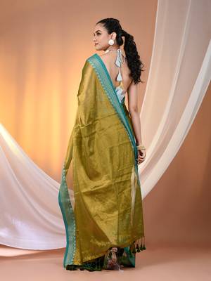 Sap green shimmer tissue saree with nakshi borders 3