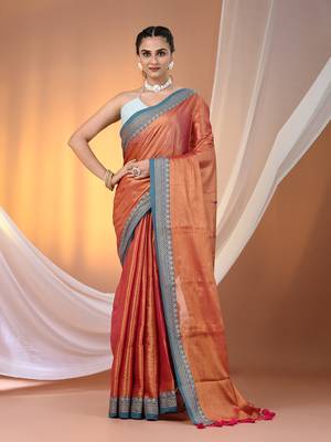 Red shimmer tissue saree with nakshi borders 1
