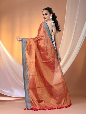 Red shimmer tissue saree with nakshi borders 3