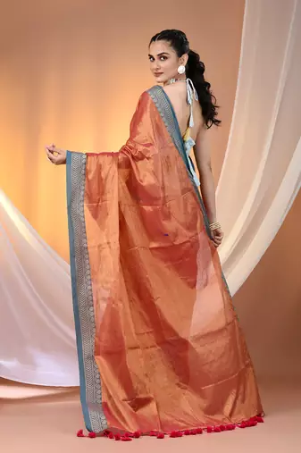 Red shimmer tissue saree with nakshi borders