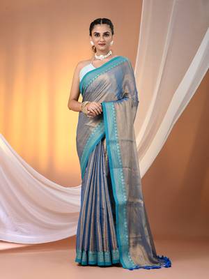 Blue shimmer tissue saree with nakshi borders 1