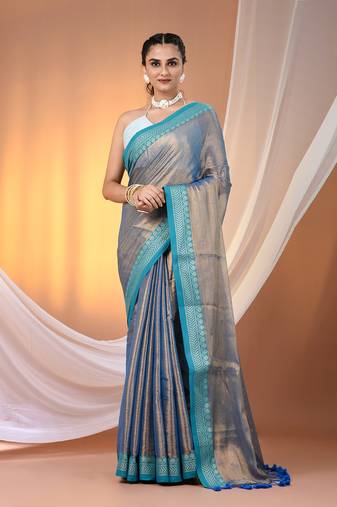 Blue shimmer tissue saree with nakshi borders