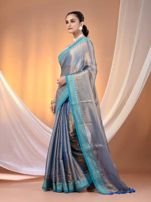 Blue shimmer tissue saree with nakshi borders 2