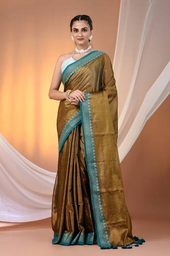 Copper shimmer tissue saree with nakshi borders