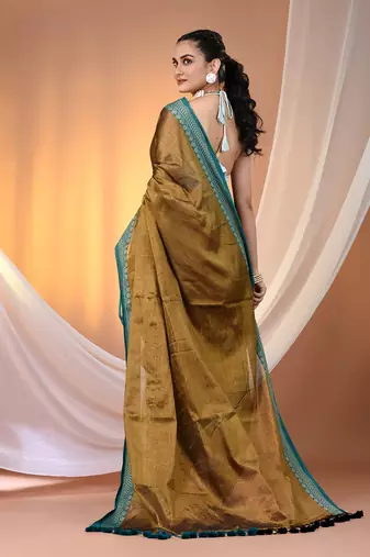 Copper shimmer tissue saree with nakshi borders