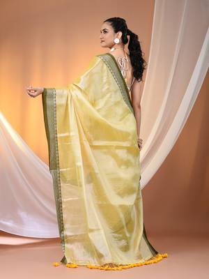 Yellow shimmer tissue saree with nakshi borders 3