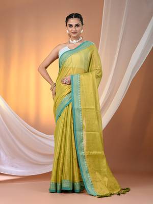 Lime green shimmer tissue saree with nakshi borders 1