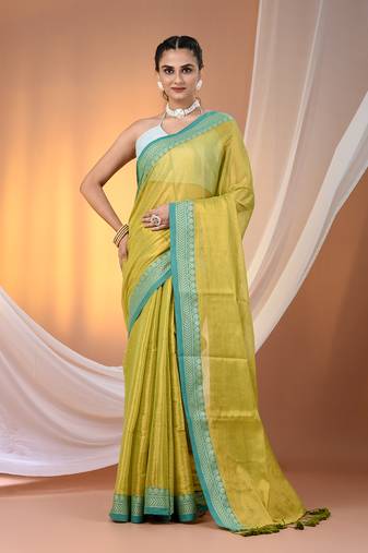 Lime green shimmer tissue saree with nakshi borders