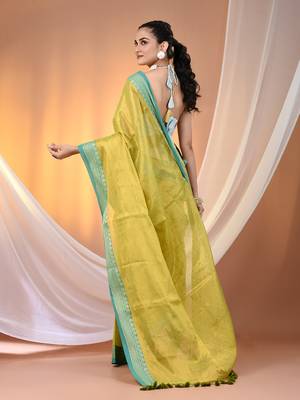Lime green shimmer tissue saree with nakshi borders 3
