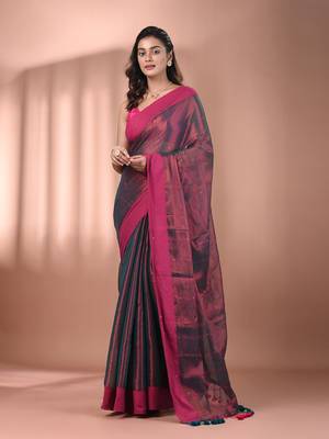 Copper and teal dual tone stripe pattern tissue saree with sequin work 1