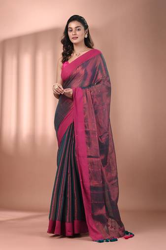 Copper and teal dual tone stripe pattern tissue saree with sequin work