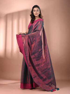 Copper and teal dual tone stripe pattern tissue saree with sequin work 2