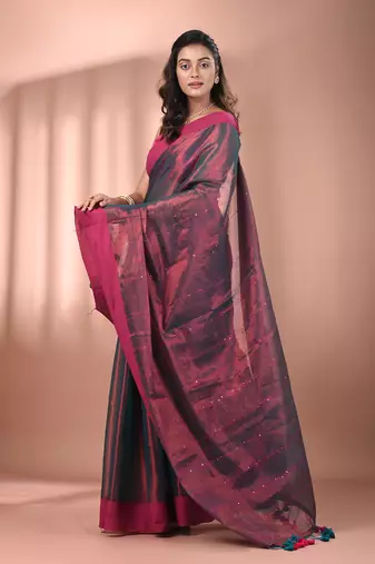 Copper and teal dual tone stripe pattern tissue saree with sequin work