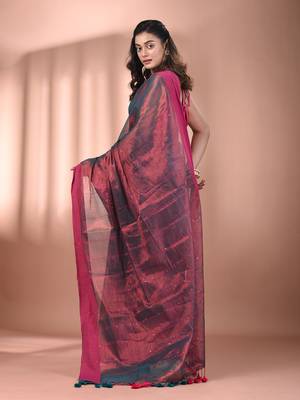 Copper and teal dual tone stripe pattern tissue saree with sequin work 3