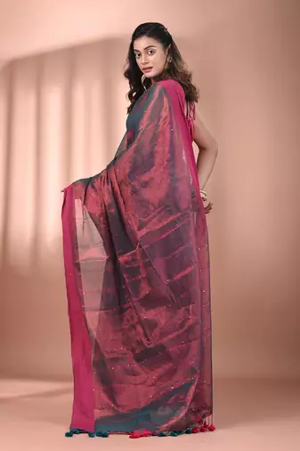 Copper and teal dual tone stripe pattern tissue saree with sequin work