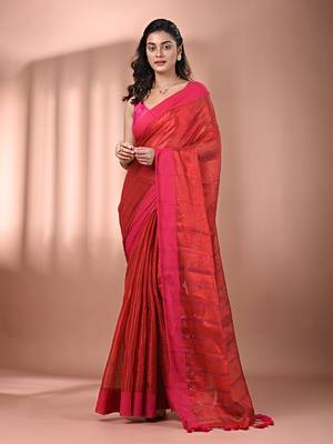 Red stripe pattern tissue saree with sequin work 1