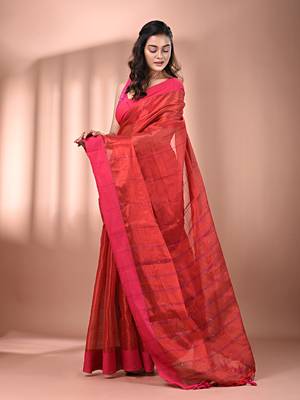 Red stripe pattern tissue saree with sequin work 2