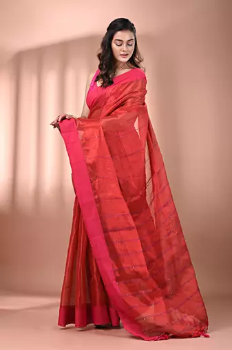 Red stripe pattern tissue saree with sequin work