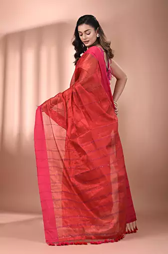 Red stripe pattern tissue saree with sequin work