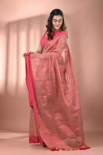 Beige stripe pattern tissue saree with sequin work