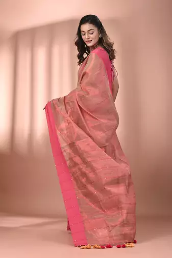 Beige stripe pattern tissue saree with sequin work