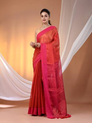 Red and pink dual tone stripe pattern tissue saree with sequin work 1