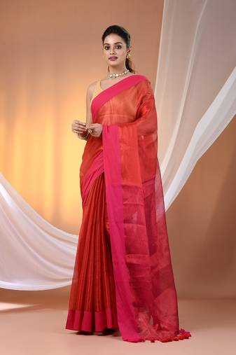 Red and pink dual tone stripe pattern tissue saree with sequin work