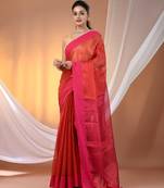 Red and pink dual tone stripe pattern tissue saree with sequin work
