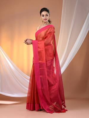 Red and pink dual tone stripe pattern tissue saree with sequin work 2