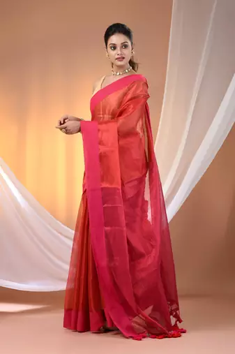 Red and pink dual tone stripe pattern tissue saree with sequin work