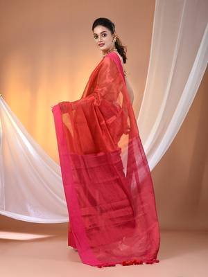 Red and pink dual tone stripe pattern tissue saree with sequin work 3