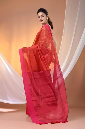 Red and pink dual tone stripe pattern tissue saree with sequin work
