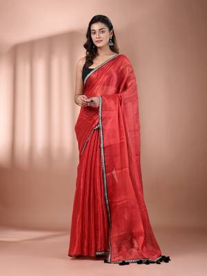 Red shimmer tissue saree with gota patti borders 1