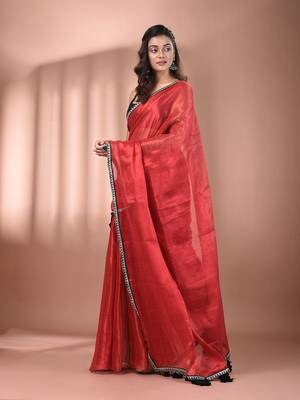 Red shimmer tissue saree with gota patti borders 2