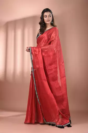 Red shimmer tissue saree with gota patti borders