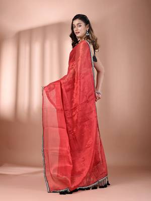 Red shimmer tissue saree with gota patti borders 3