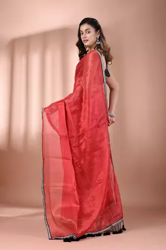 Red shimmer tissue saree with gota patti borders