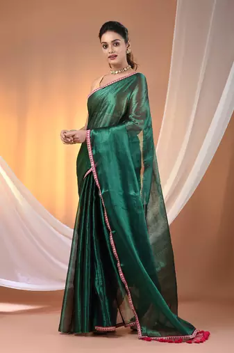 Green shimmer tissue saree with gota patti borders
