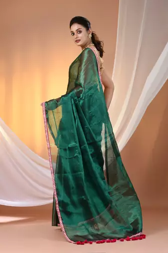 Green shimmer tissue saree with gota patti borders