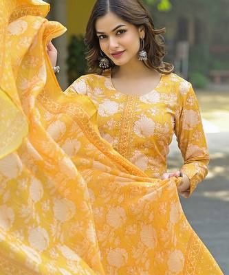 Women yellow rayon blend floral printed straight kurta trouser and dupatta 1
