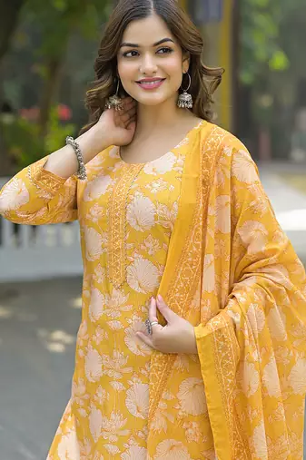 Women yellow rayon blend floral printed straight kurta trouser and dupatta