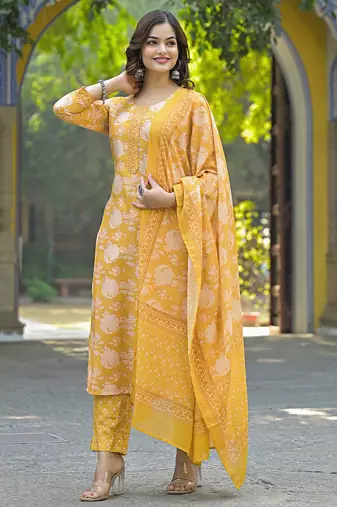 Women yellow rayon blend floral printed straight kurta trouser and dupatta