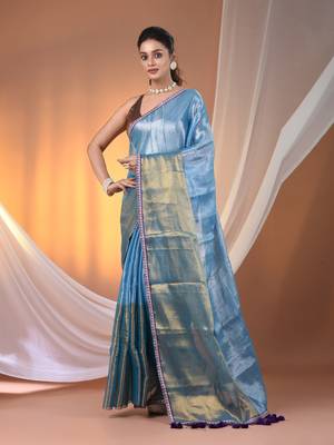 Turquoise blue shimmer tissue saree with gota patti borders 1