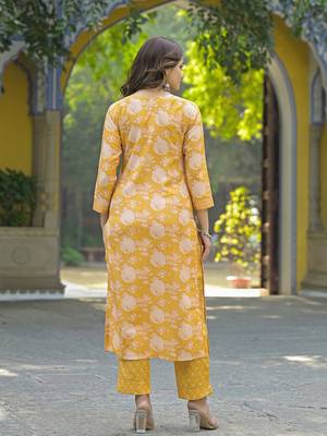 Women yellow rayon blend floral printed straight kurta trouser and dupatta 4