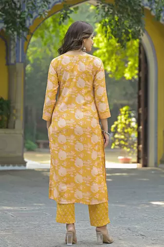 Women yellow rayon blend floral printed straight kurta trouser and dupatta