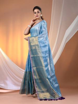 Turquoise blue shimmer tissue saree with gota patti borders 2